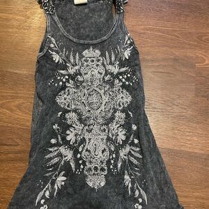 Vocal Black Tank Top with Ornate Silver Graphic